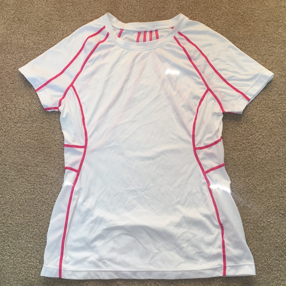White and salmon colored workout shirt